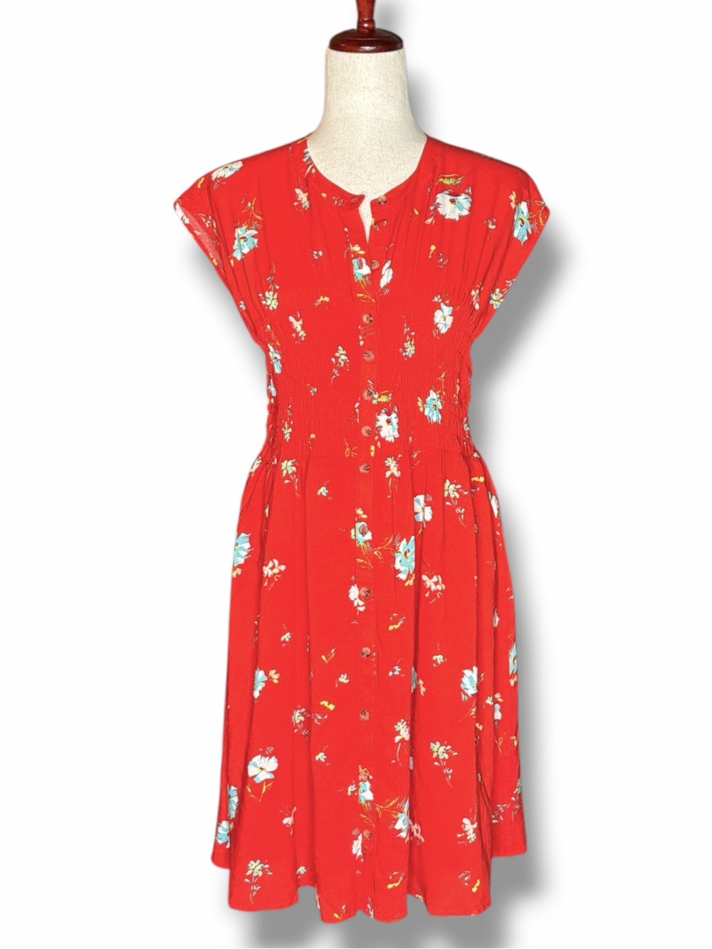 Free People Red Floral Greatest Day Smocked Mini Dress Size Medium - Picture 4 of 9